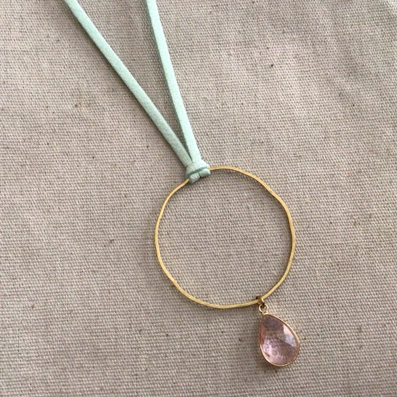 New handcrafted Sundance charm necklace blue suede cord pink stone pendant - Picture 2 of 6